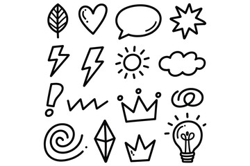 Doodle Icon Set Hand Drawn Star, Crown, Lightning, Heart, Leaf, Speech, Sun, Cloud, Swirl, Lightbulb, Exclamation Vector Sketch Symbols