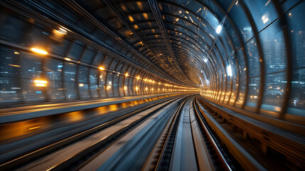 Obraz premium Dynamic Tunnel Vision: A vibrant railway track cuts through a illuminated tunnel. The image portrays a sense of rapid movement and futuristic design. 