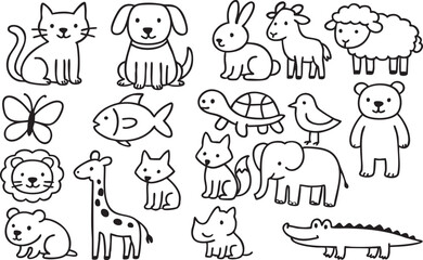 Cute Cartoon Animal Doodles Collection - Simple Hand-Drawn Line Art Vector Set for Kids and Education