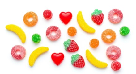 Vibrant gummy candies in playful shapes like bananas, strawberries, and hearts create a festive, colorful arrangement on a clean white background