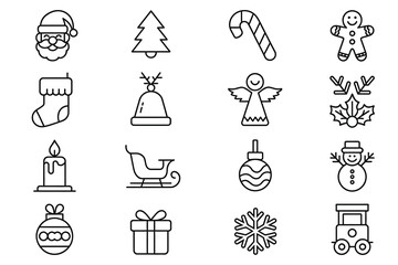 Christmas Line Icon Set Santa, Tree, Gingerbread, Candy, Ornament, Sleigh, Stocking, Snowman, Gift, Snowflake Outline Holiday Vector