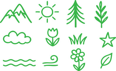 Hand-Drawn Green Nature Icons Set: Eco-Friendly Doodle Elements - Mountains, Sun, Trees, Flowers, Clouds, Water, Wind, Grass, Leaf