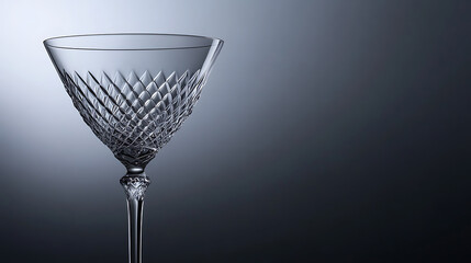 A detailed shot of a crystal-cut glass against a soft gray background. The glass catches the light beautifully, highlighting its geometric pattern. A blend of elegance and simplicity.