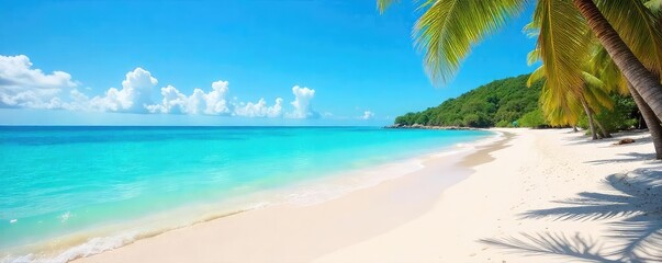 Sun-drenched beach, fine white sand stretching to a calm turquoise ocean  Perfect for summer vacation or travel imagery  Ideal for websites, brochures, and advertising , sunlit, travel, horizon