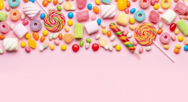 Vibrant and joyful explosion of colorful candies, lollipops, and marshmallows creating a sweet, playful, and delightful scene perfect for celebrations.