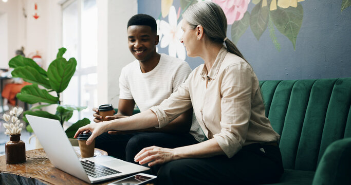 Laptop, team and meeting with people in cafe for product inventory, supplier contact and budget planning. Online, discussion and small business owner with employee for debrief at coffee shop