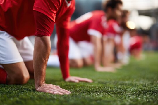 Soccer team performs stretching exercises on field in preparation for upcoming match during evening practice session