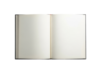 Pristine, open hardcover book with a dark classic binding, showing two blank pages in an overhead flat lay on a clean, neutral background concept of new beginnings.
