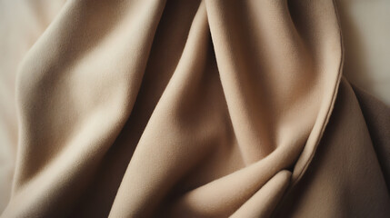 A close-up captures the beauty of beige fabric, with folds and textures creating an elegant scene. Soft light accentuates the details, making it inviting and warm.