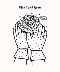 Minimalist vector illustration featuring hands in polka dot gardening gloves holding a young plant. Perfect for gardening, nature, spring, seasonal design, eco projects, and educational materials.