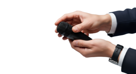 Close-up of adult hands with professional sleeves, holding a silver microphone and writing in a grey notebook, soft studio light, copy space, concept of digital content creation