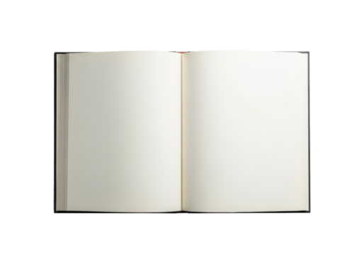 Pristine, open hardcover book with a dark classic binding, showing two blank pages in an overhead flat lay on a clean, neutral background concept of new beginnings.