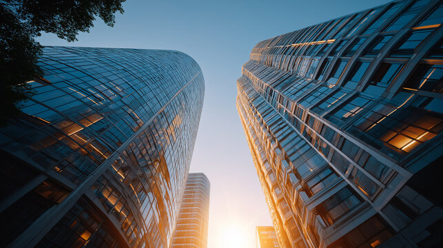Skyscrapers Soaring Skyward: An awe-inspiring perspective of two sleek, modern skyscrapers reaching towards a clear, azure sky, their glass facades reflecting the warm glow of the setting sun.