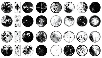 49 abstract grayscale circles and rectangles with textures and patterns on a white background