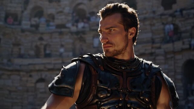 Male gladiator warrior in armor stands. Roman soldier holds steady posture in arena. Ancient battle atmosphere with crowd and stone arch. Heroic gaze conveys determination and strength. Brave look.