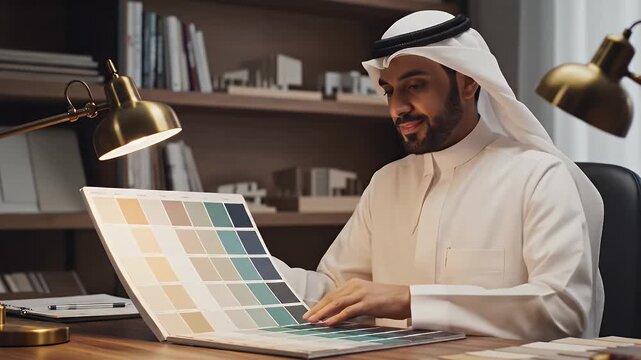 Emirati Interior Designer Selecting Paint Swatches in His Office.