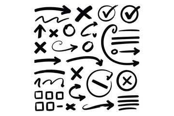 Hand Drawn Arrow & Check Doodle Icon Set Sketch Markers, X, Scribble Circle, Tick, and Symbol Vector Elements