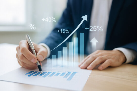 Entrepreneur Strategic Planning with Digital Interface Icons in Modern Office Setting