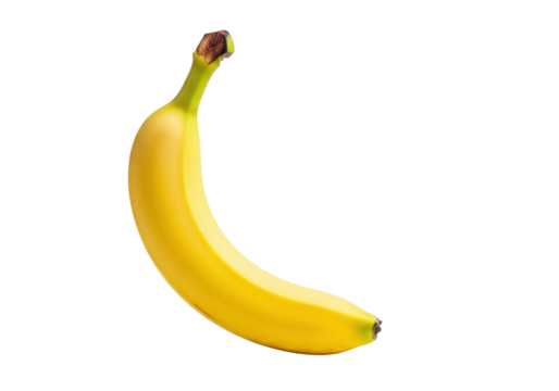 A single, perfectly ripe yellow banana stands upright with a green stem and brown tips, against a transparent background, soft studio light, concept of healthy eating and natural purity