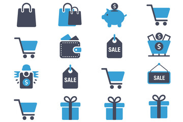 Blue Shopping & Sale Icon Set Minimal Cart, Bag, Wallet, Piggy Bank, Sale Tag, Gift Vector Graphics