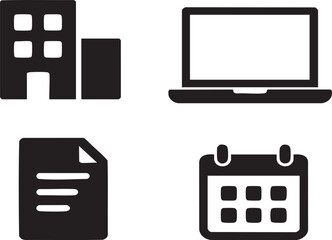 Corporate Business Essentials Icon Set: Office Building, Laptop, Document File, and Calendar for Work Management and Productivity