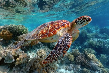 Obraz premium Green turtle glides gracefully through vibrant coral reef in the Red Sea during a sunny afternoon, showcasing the beauty of marine life and underwater ecosystems
