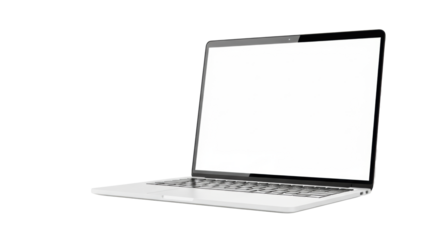 A pristine, modern silver laptop with a blank, dark, slightly open screen, isolated on a transparent background, showcasing technological potential and professional readiness