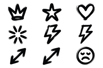 Grunge Brush Doodle Icon Set Hand Drawn Marker Symbols, Crown, Star, Heart, Arrow, Lightning Vector