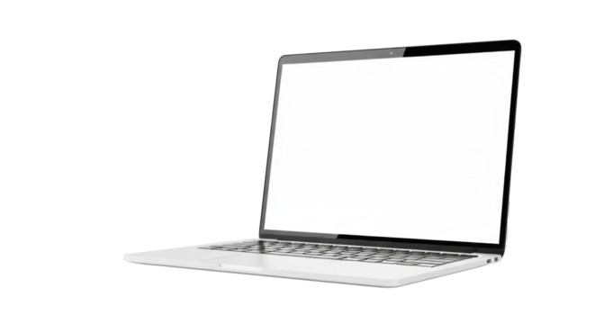 A pristine, modern silver laptop with a blank, dark, slightly open screen, isolated on a transparent background, showcasing technological potential and professional readiness