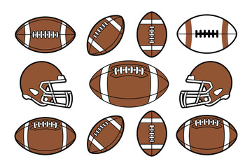 American Football Icon Set Helmet & Ball Cartoon Vector Collection, Sports Equipment Doodle Graphics