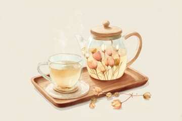 Fototapeta premium watercolor illustration of herbal tea with steam and dried flowers on wooden tray, pastel beige tones, calm atmosphere