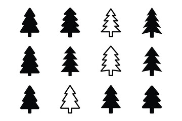 Minimal Christmas Tree Icon Set Solid & Outline Black Pine, Fir, Spruce Silhouette Vector Collection