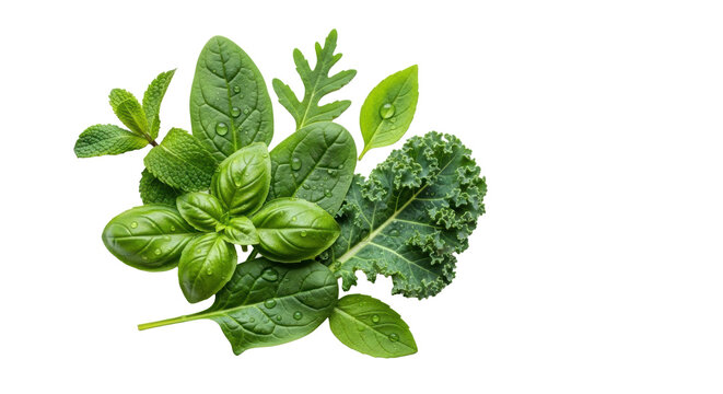 Pristine macro shot of vibrant mint, basil, spinach, kale leaves with water droplets on a softly blurred minimalist background, negative space. Concept of natural purity and wellness