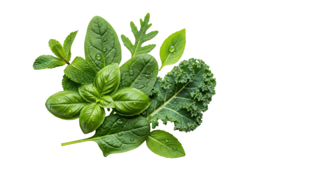 Pristine macro shot of vibrant mint, basil, spinach, kale leaves with water droplets on a softly blurred minimalist background, negative space. Concept of natural purity and wellness