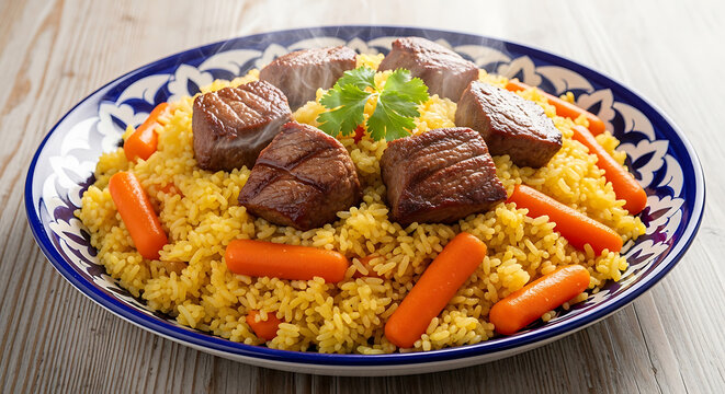 Traditional uzbek plov with lamb and carrots in a decorative bowl