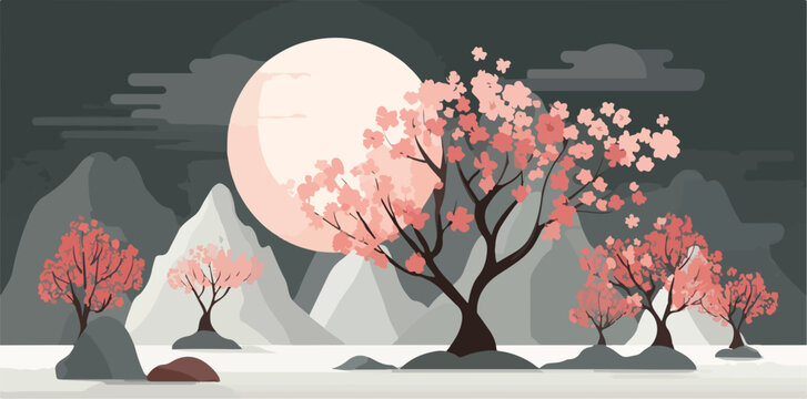 Paisaje nocturno minimalista con cerezos en flor y luna llena sobre monta&ntilde;as grises