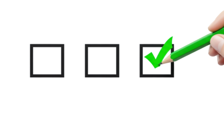 Vibrant green pencil drawing a bright checkmark inside a sharp black square checkbox, on a transparent background with soft studio lighting, minimalist concept of successful task completion