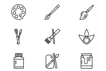 Creative Art Supplies Outline Icon Set Paintbrush, Palette, Drawing Tools & Artist Paint Jar Vector Collection