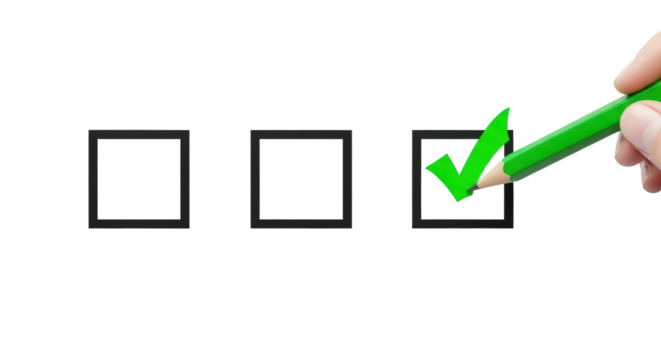 Vibrant green pencil drawing a bright checkmark inside a sharp black square checkbox, on a transparent background with soft studio lighting, minimalist concept of successful task completion