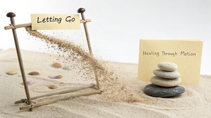 Conceptual representation of emotional release and personal growth through letting go and healing via mindful movement in a tranquil setting