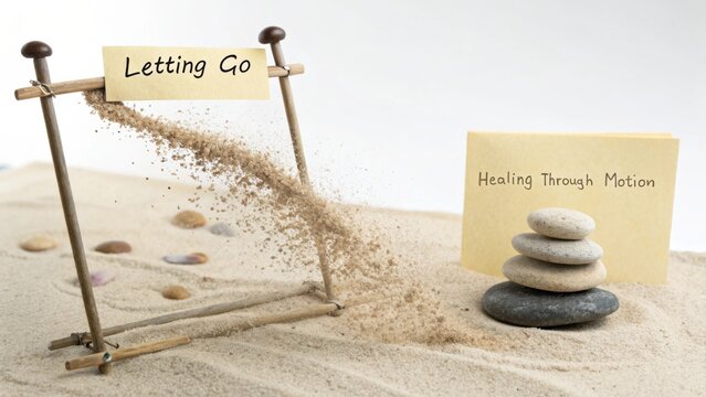 Conceptual representation of emotional release and personal growth through letting go and healing via mindful movement in a tranquil setting