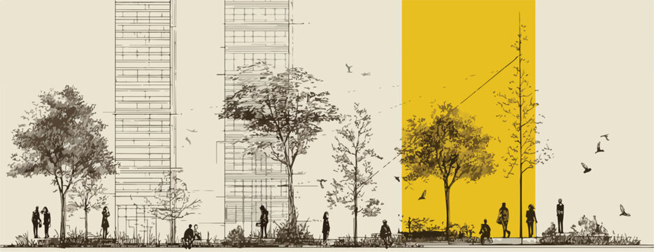 Vector de secci&oacute;n arquitect&oacute;nica urbana con rascacielos, &aacute;rboles y siluetas de personas en un parque.