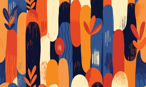 Patr&oacute;n abstracto vibrante con formas org&aacute;nicas verticales en tonos azules, naranjas y crema.