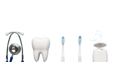 Pristine silver stethoscope, molar tooth model, white toothbrush, and dental floss precisely aligned on a clean light blue background with copy space, preventative healthcare concept