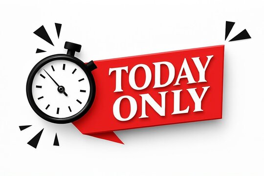 Urgent sale announcement with a vintage stopwatch and red ribbon banner saying today only