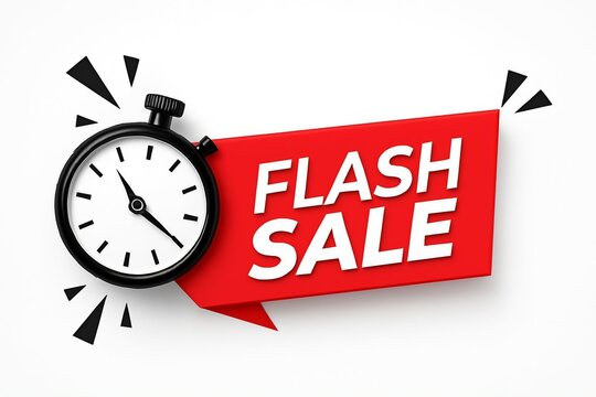 Red flash sale banner with a stopwatch indicating limited time offer and urgency for discounts and promotions
