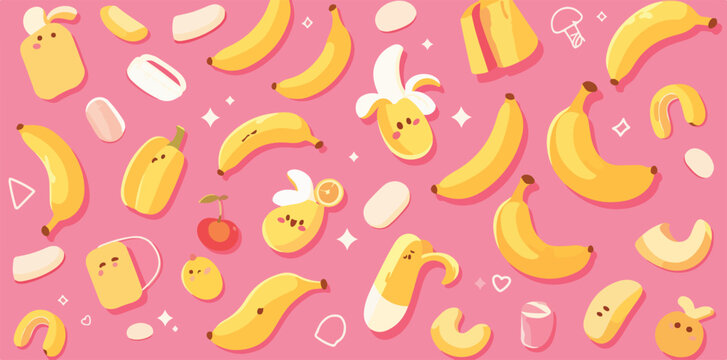 Patr&oacute;n de vectores de pl&aacute;tanos kawaii y frutas con caras lindas sobre fondo rosa