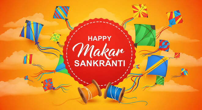 Happy makar sankranti festive celebration with colorful kites and threads joyful occasion