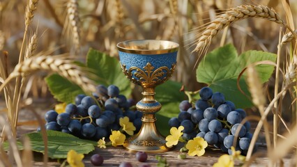 Ornate golden chalice with blue grapes and wheat in a natural setting