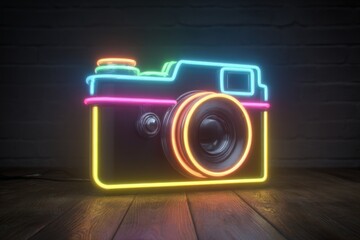 Neon camera sign in a dim studio showcases vibrant colors and artistic design, creating a modern and inviting atmosphere for photography enthusiasts and creators